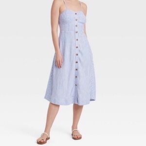 Striped Button-Front Midi Sundress XL - Light Blue